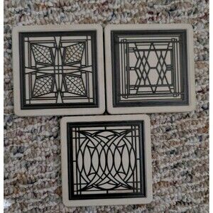 Frank Lloyd Wright Taliesin West Stone Coasters Set of 3 with Metal Inlays MCM